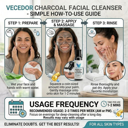 VECEDOR Charcoal Facial Cleanser – Deep Cleansing Face Wash for Oily & Acne-Prone Skin – Removes Impurities, Detoxifies & Unclogs Pores, 4oz