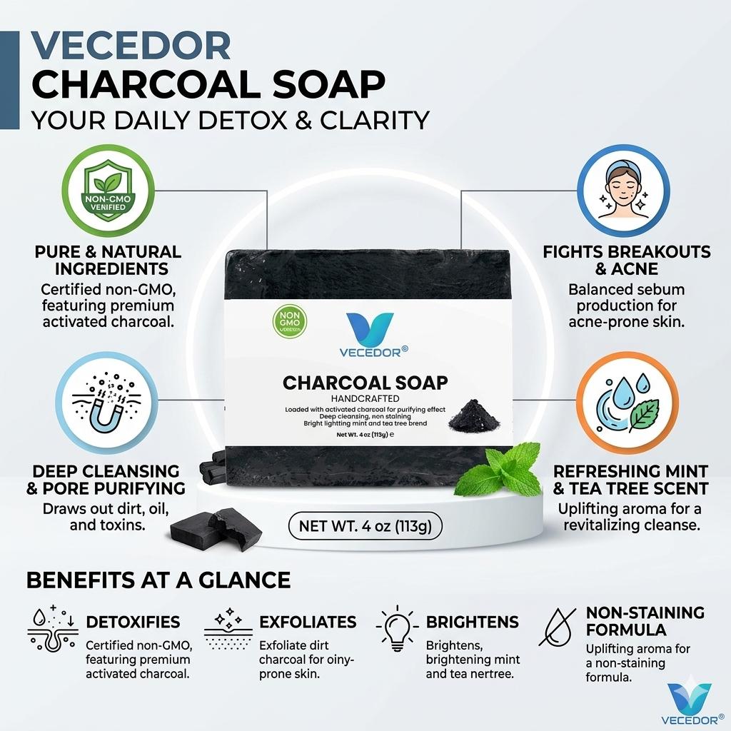 VECEDOR Charcoal Soap – Detoxifying Bar for Oily & Acne-Prone Skin – Deep Cleansing, Exfoliating & Brightening, 4oz