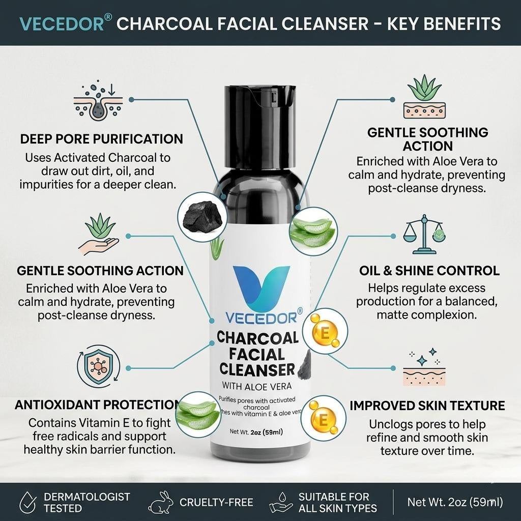 VECEDOR Charcoal Facial Cleanser – Deep Cleansing Face Wash for Oily & Acne-Prone Skin – Removes Impurities, Detoxifies & Unclogs Pores, 4oz
