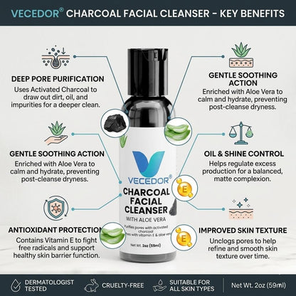 VECEDOR Charcoal Facial Cleanser – Deep Cleansing Face Wash for Oily & Acne-Prone Skin – Removes Impurities, Detoxifies & Unclogs Pores, 4oz