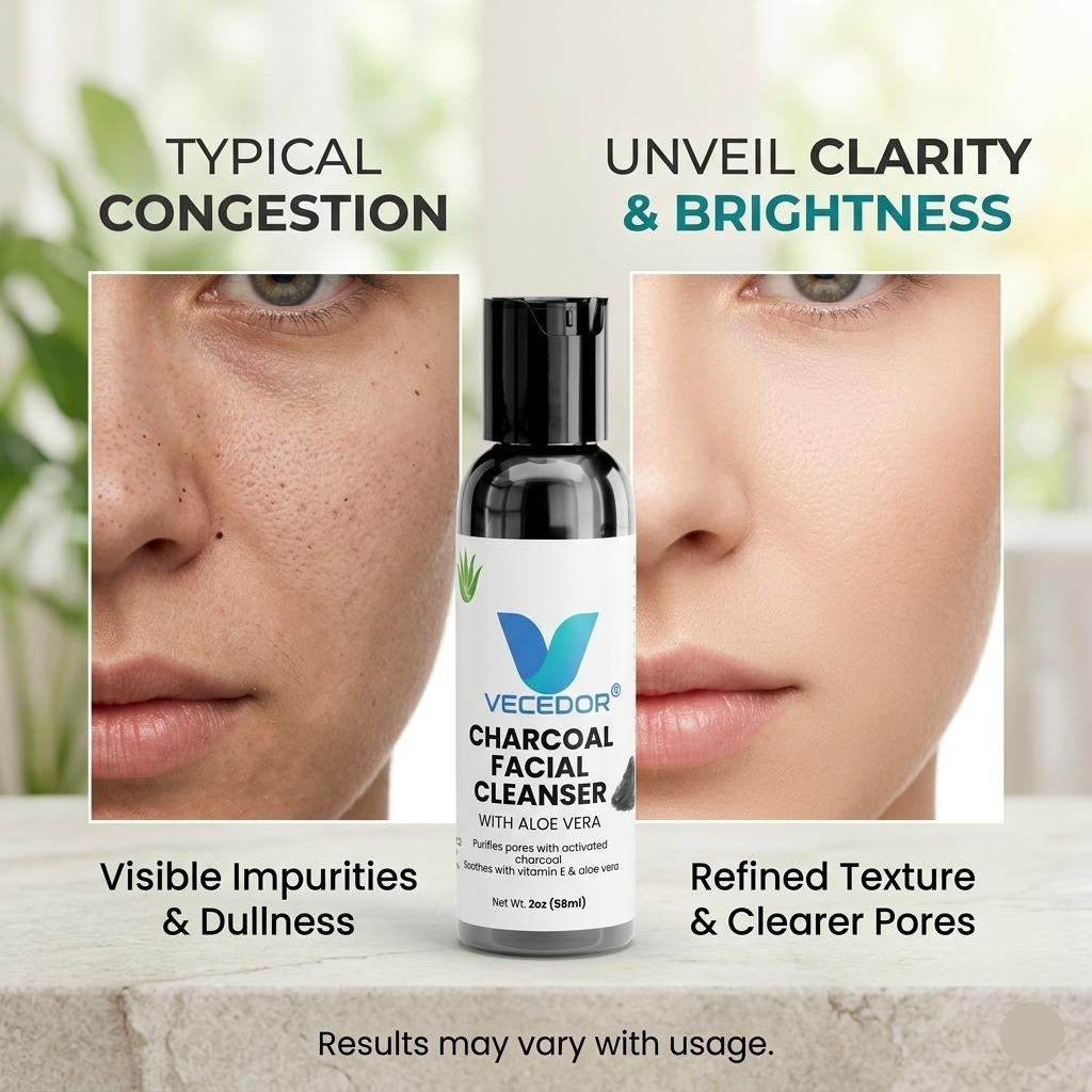 VECEDOR Charcoal Facial Cleanser – Deep Cleansing Face Wash for Oily & Acne-Prone Skin – Removes Impurities, Detoxifies & Unclogs Pores, 4oz