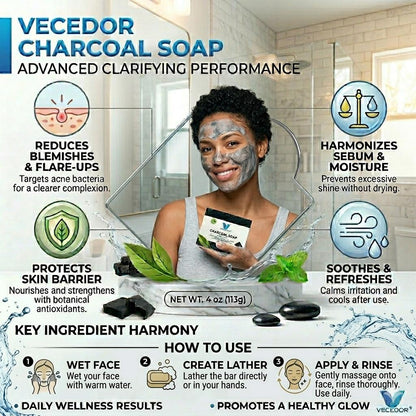 VECEDOR Charcoal Soap – Detoxifying Bar for Oily & Acne-Prone Skin – Deep Cleansing, Exfoliating & Brightening, 4oz