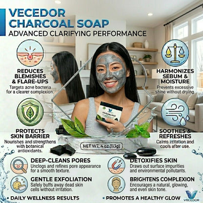 VECEDOR Charcoal Soap – Detoxifying Bar for Oily & Acne-Prone Skin – Deep Cleansing, Exfoliating & Brightening, 4oz