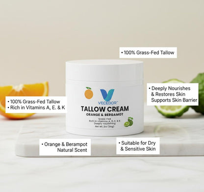 VECEDOR Tallow Cream Orange & Bergamot – Natural Face & Body Moisturizer for Dry Skin, Nourishing & Hydrating Balm, 2oz VECEDOR