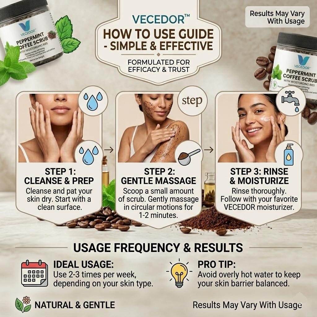VECEDOR Peppermint Coffee Scrub – Exfoliating Body & Face Scrub for Smooth, Glowing Skin – Natural Moisturizing & Cellulite Care, 4oz