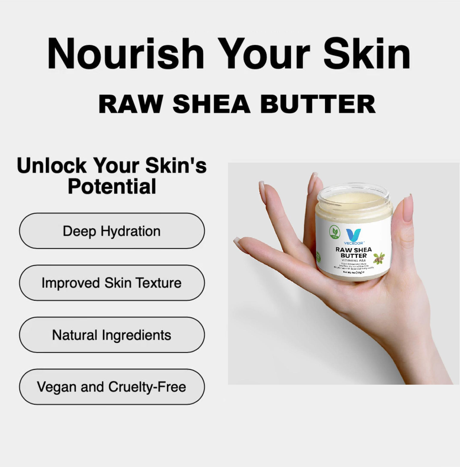 VECEDOR Raw Shea Butter – 100% Pure & Unrefined Organic Shea Butter for Skin, Hair & Body Moisturizing, 8oz VECEDOR
