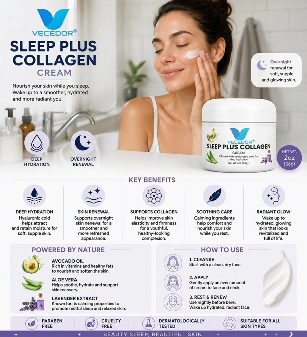VECEDOR Sleep Plus Collagen Cream – Night Moisturizer with Collagen & Hyaluronic Acid for Hydration, Firming & Anti-Aging, 2oz