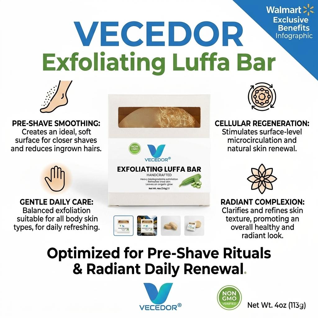 VECEDOR Exfoliating Luffa Bar – Natural Loofah Soap for Deep Cleansing & Smooth, Glowing Skin – Gentle Body Scrub, 4oz