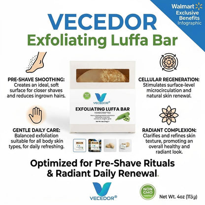 VECEDOR Exfoliating Luffa Bar – Natural Loofah Soap for Deep Cleansing & Smooth, Glowing Skin – Gentle Body Scrub, 4oz