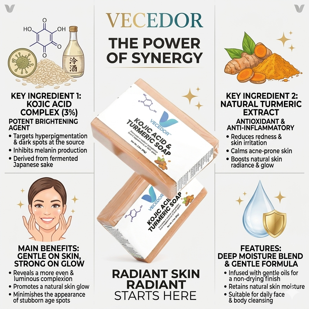 VECEDOR Kojic Acid & Turmeric Soap – Brightening & Dark Spot Remover Bar for Glowing Skin, 4oz