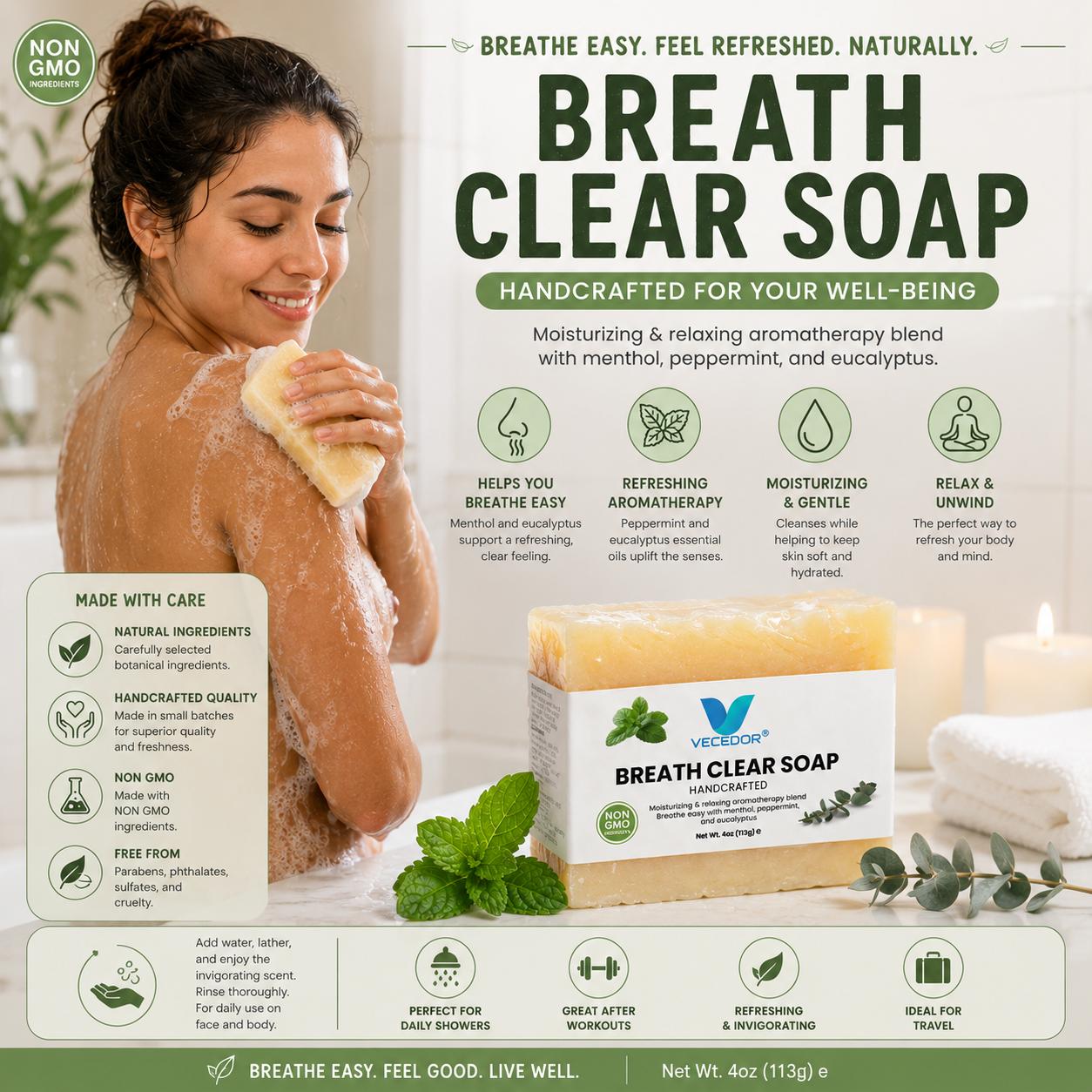 VECEDOR Breathe Clear Soap – Eucalyptus & Peppermint Bar for Respiratory Support, Deep Cleansing & Refreshing Aromatherapy, 4oz