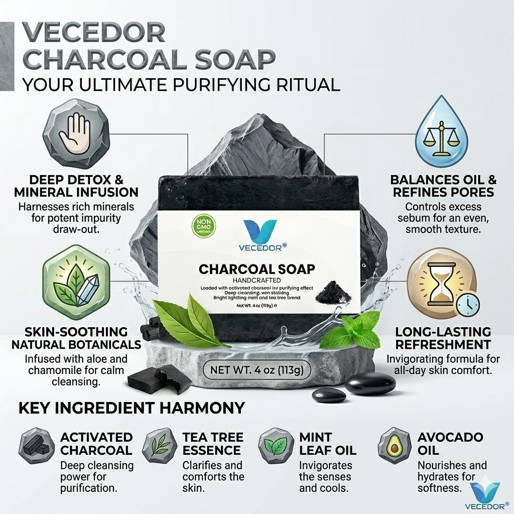 VECEDOR Charcoal Soap – Detoxifying Bar for Oily & Acne-Prone Skin – Deep Cleansing, Exfoliating & Brightening, 4oz