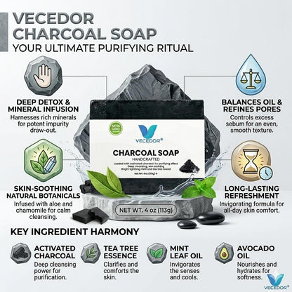 VECEDOR Charcoal Soap – Detoxifying Bar for Oily & Acne-Prone Skin – Deep Cleansing, Exfoliating & Brightening, 4oz