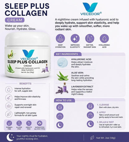 VECEDOR Sleep Plus Collagen Cream – Night Moisturizer with Collagen & Hyaluronic Acid for Hydration, Firming & Anti-Aging, 2oz