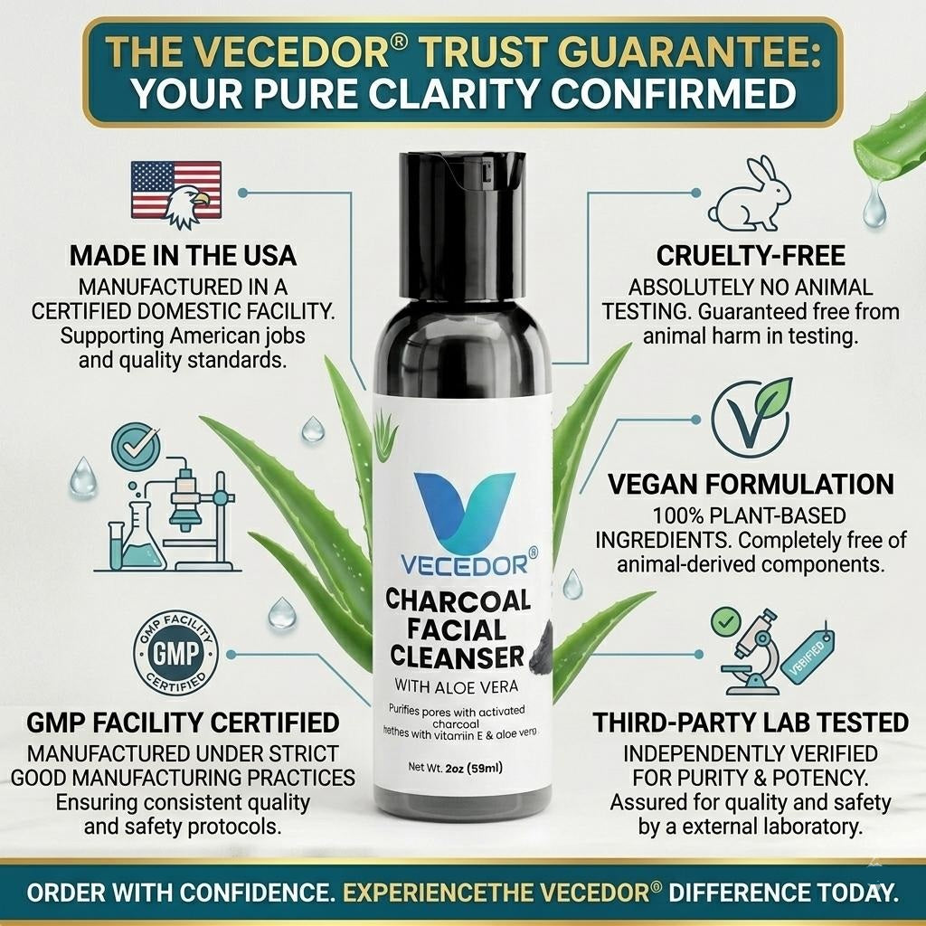 VECEDOR Charcoal Facial Cleanser – Deep Cleansing Face Wash for Oily & Acne-Prone Skin – Removes Impurities, Detoxifies & Unclogs Pores, 4oz