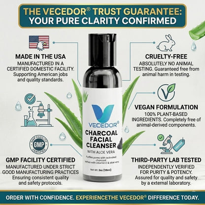VECEDOR Charcoal Facial Cleanser – Deep Cleansing Face Wash for Oily & Acne-Prone Skin – Removes Impurities, Detoxifies & Unclogs Pores, 4oz