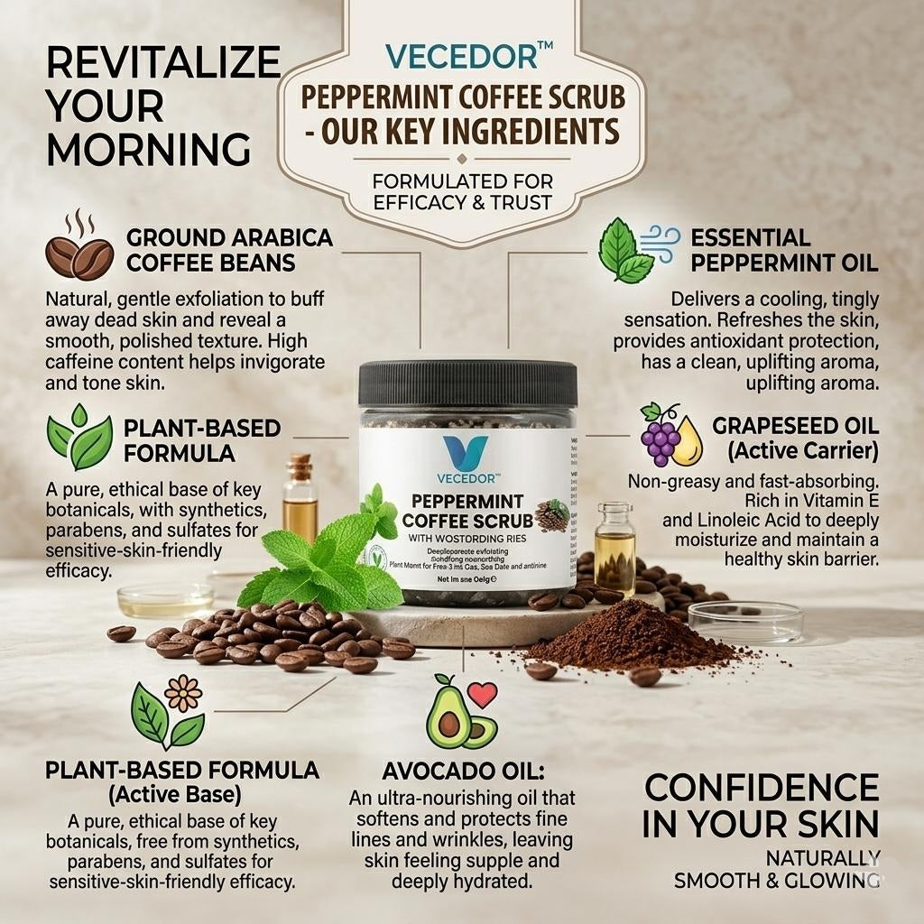 VECEDOR Peppermint Coffee Scrub – Exfoliating Body & Face Scrub for Smooth, Glowing Skin – Natural Moisturizing & Cellulite Care, 4oz