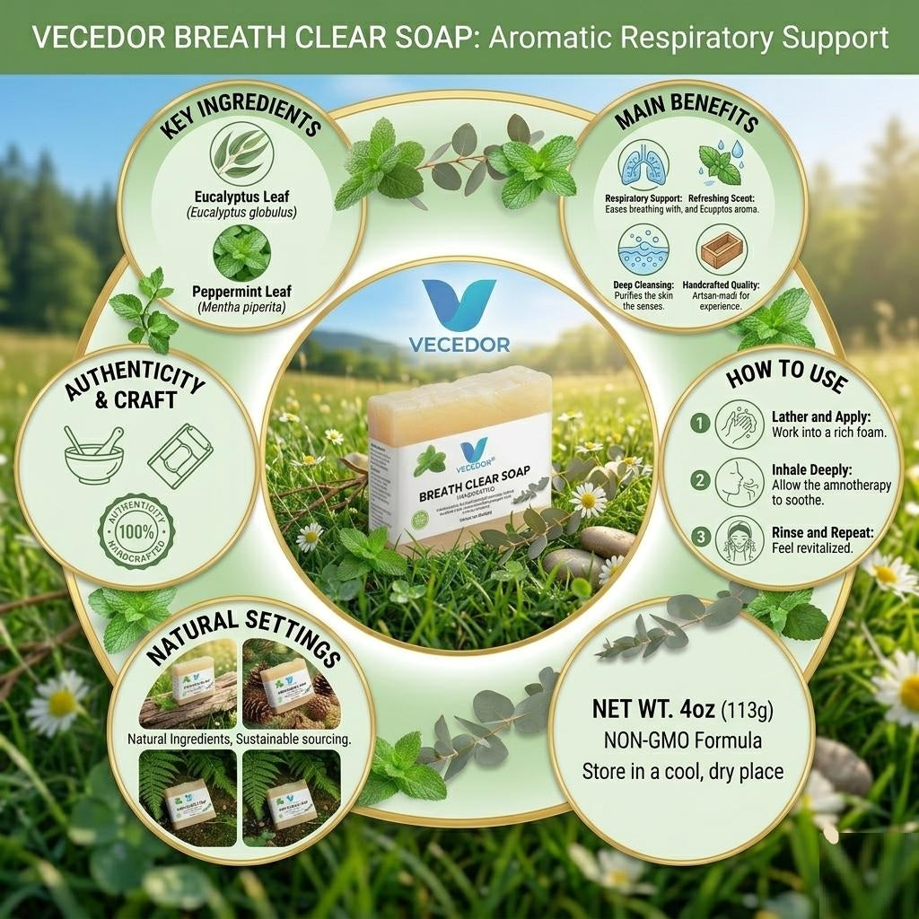 VECEDOR Breathe Clear Soap – Eucalyptus & Peppermint Bar for Respiratory Support, Deep Cleansing & Refreshing Aromatherapy, 4oz