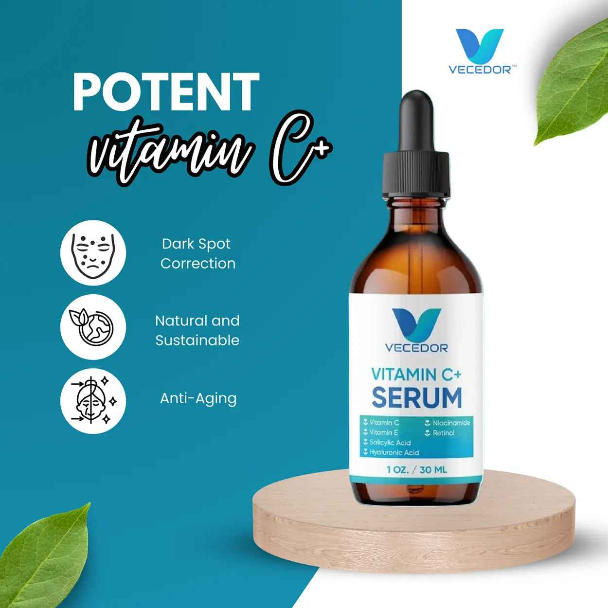 VECEDOR Organic Vitamin C Serum with Hyaluronic Acid and Centella Asiatica for Hydrated Skin and Wrinkle Reduction 1 fl oz