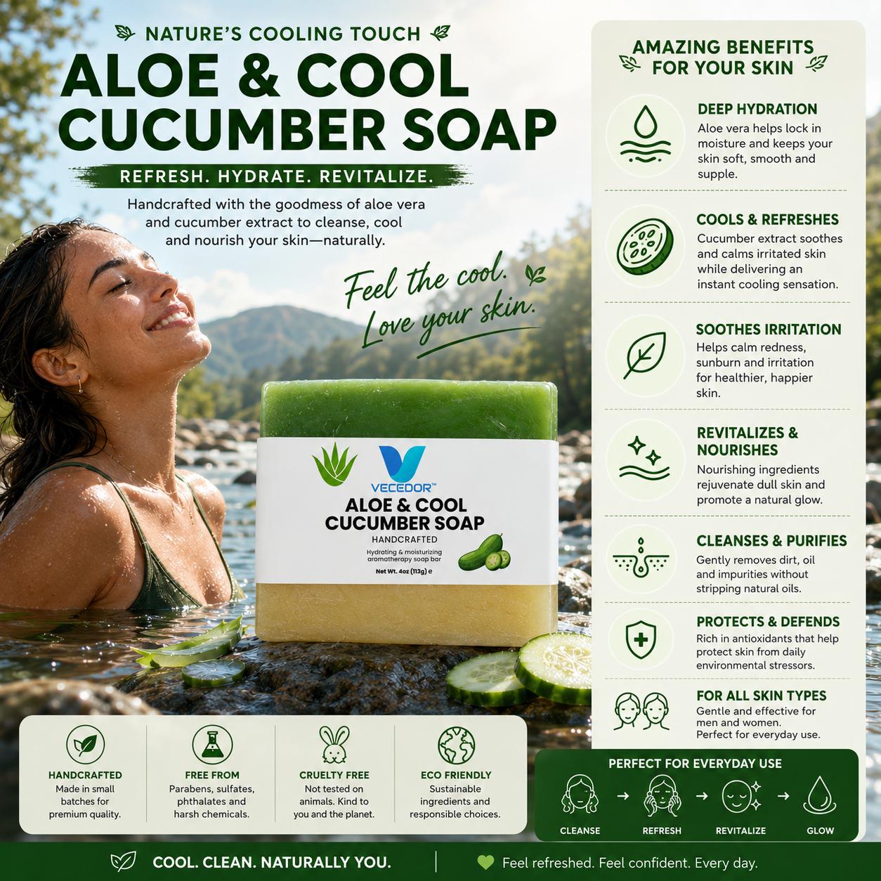 VECEDOR Aloe & Cool Cucumber Soap, Refreshing and Hydrating Face & Body Bar, 4 oz