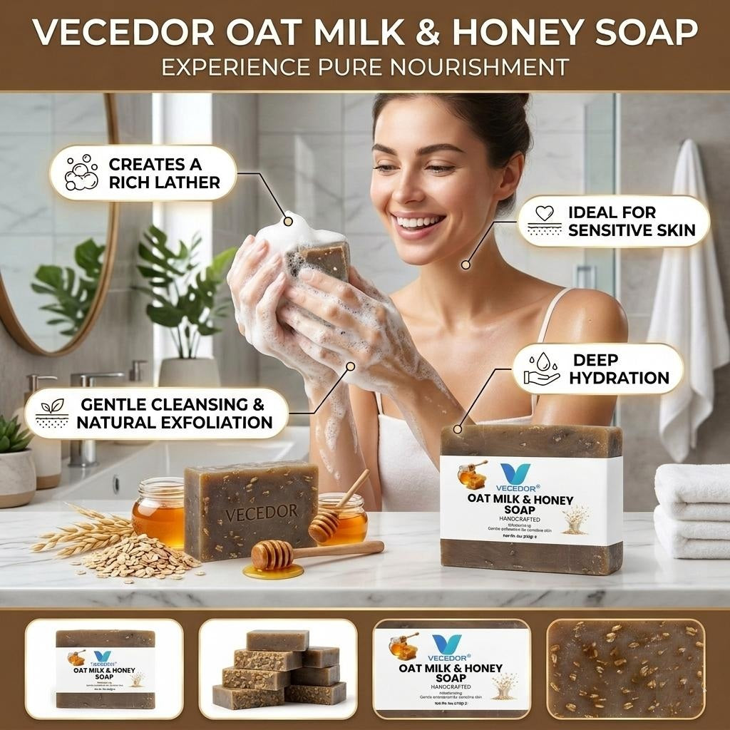 VECEDOR Oat Milk & Honey Soap – Gentle Moisturizing Bar for Dry & Sensitive Skin – Nourishing, Soothing & Hydrating, 4oz
