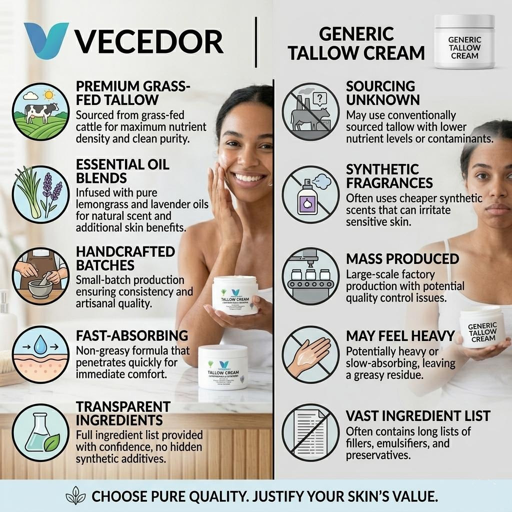 VECEDOR Tallow Cream Lemongrass & Lavender – Natural Face & Body Moisturizer for Dry Skin, Nourishing & Hydrating Balm, 2oz