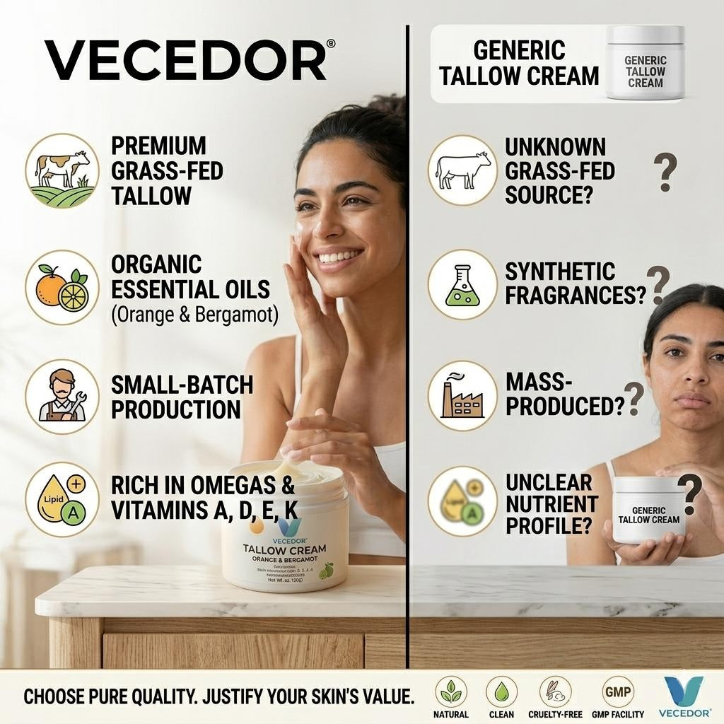 VECEDOR Tallow Cream Orange & Bergamot – Natural Face & Body Moisturizer for Dry Skin, Nourishing & Hydrating Balm, 2oz
