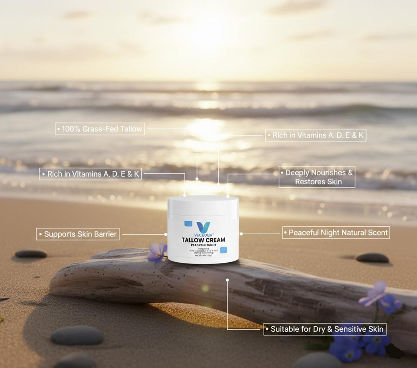 VECEDOR Tallow Cream Peaceful Night – Nourishing Night Cream for Dry & Sensitive Skin – Natural Moisturizing & Skin Repair, 2oz VECEDOR