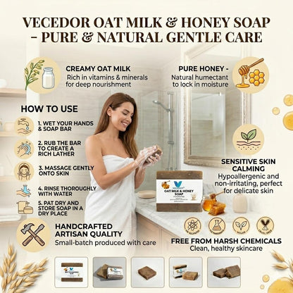 VECEDOR Oat Milk & Honey Soap – Gentle Moisturizing Bar for Dry & Sensitive Skin – Nourishing, Soothing & Hydrating, 4oz