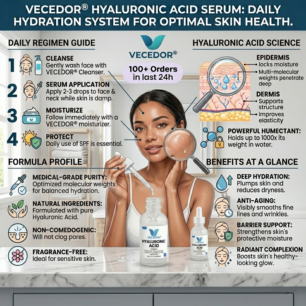 Vecedor Hyaluronic Acid Serum - Deep Multi-Layer Hydration for Enhanced Moisture Retention & Elasticity - 1 fl oz