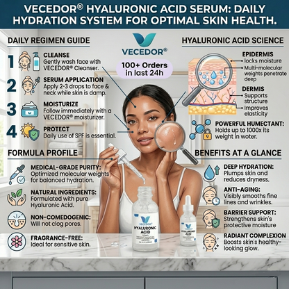 Vecedor Hyaluronic Acid Serum - Deep Multi-Layer Hydration for Enhanced Moisture Retention & Elasticity - 1 fl oz
