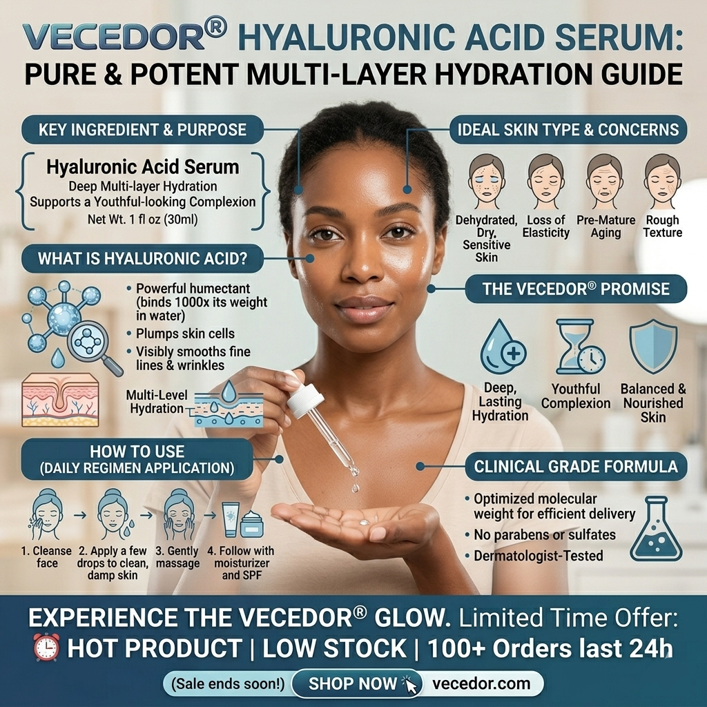 Vecedor Hyaluronic Acid Serum - Deep Multi-Layer Hydration for Enhanced Moisture Retention & Elasticity - 1 fl oz