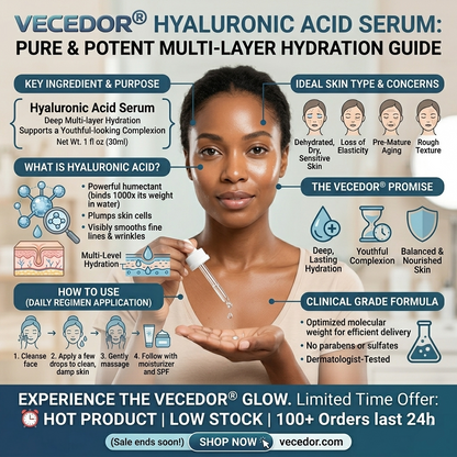 Vecedor Hyaluronic Acid Serum - Deep Multi-Layer Hydration for Enhanced Moisture Retention & Elasticity - 1 fl oz
