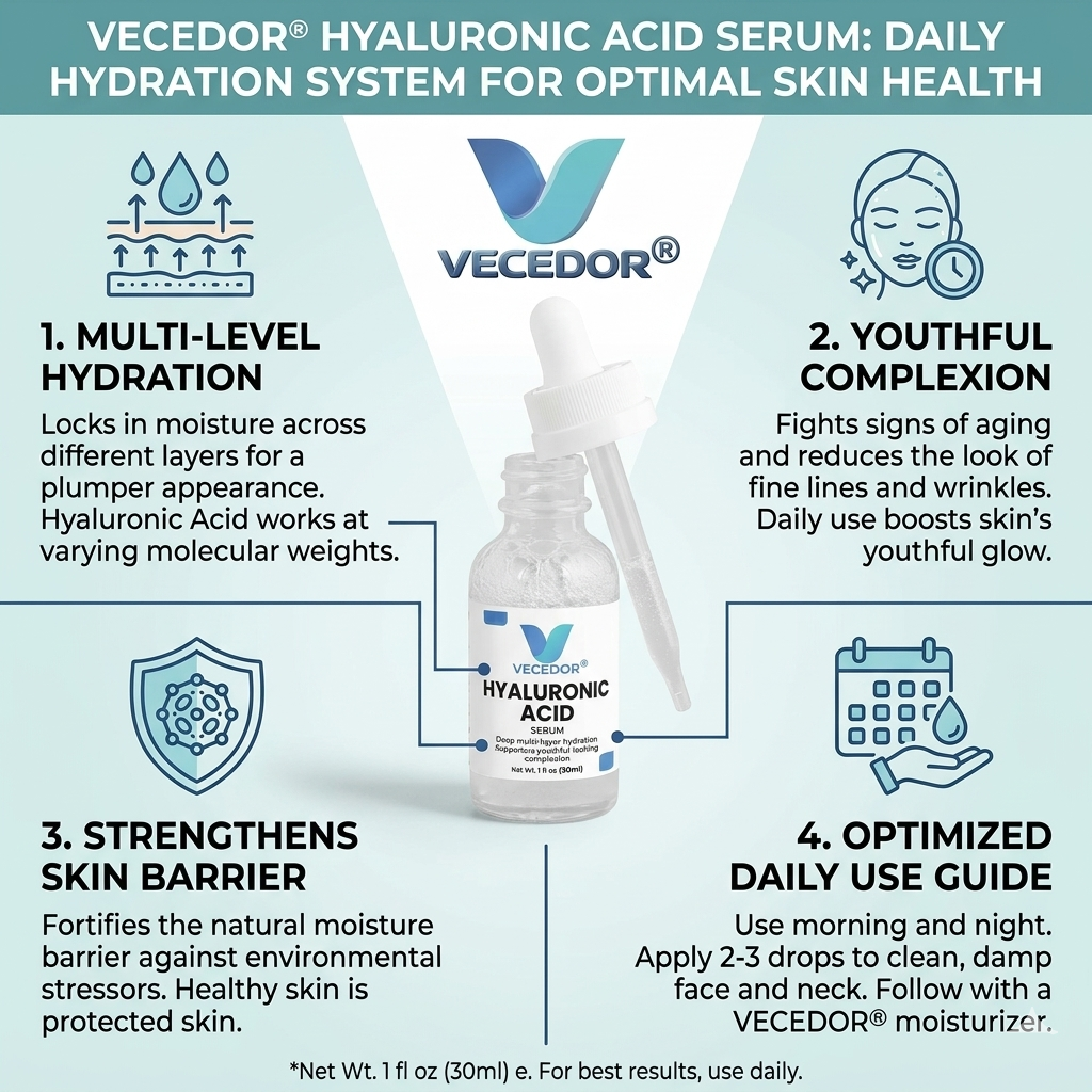 Vecedor Hyaluronic Acid Serum - Deep Multi-Layer Hydration for Enhanced Moisture Retention & Elasticity - 1 fl oz