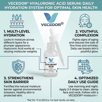 Vecedor Hyaluronic Acid Serum - Deep Multi-Layer Hydration for Enhanced Moisture Retention & Elasticity - 1 fl oz