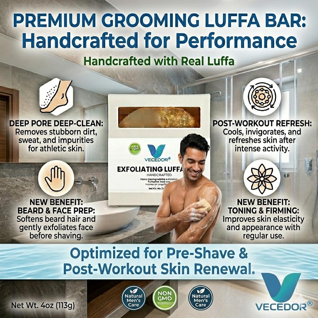 VECEDOR Exfoliating Luffa Bar – Natural Loofah Soap for Deep Cleansing & Smooth, Glowing Skin – Gentle Body Scrub, 4oz