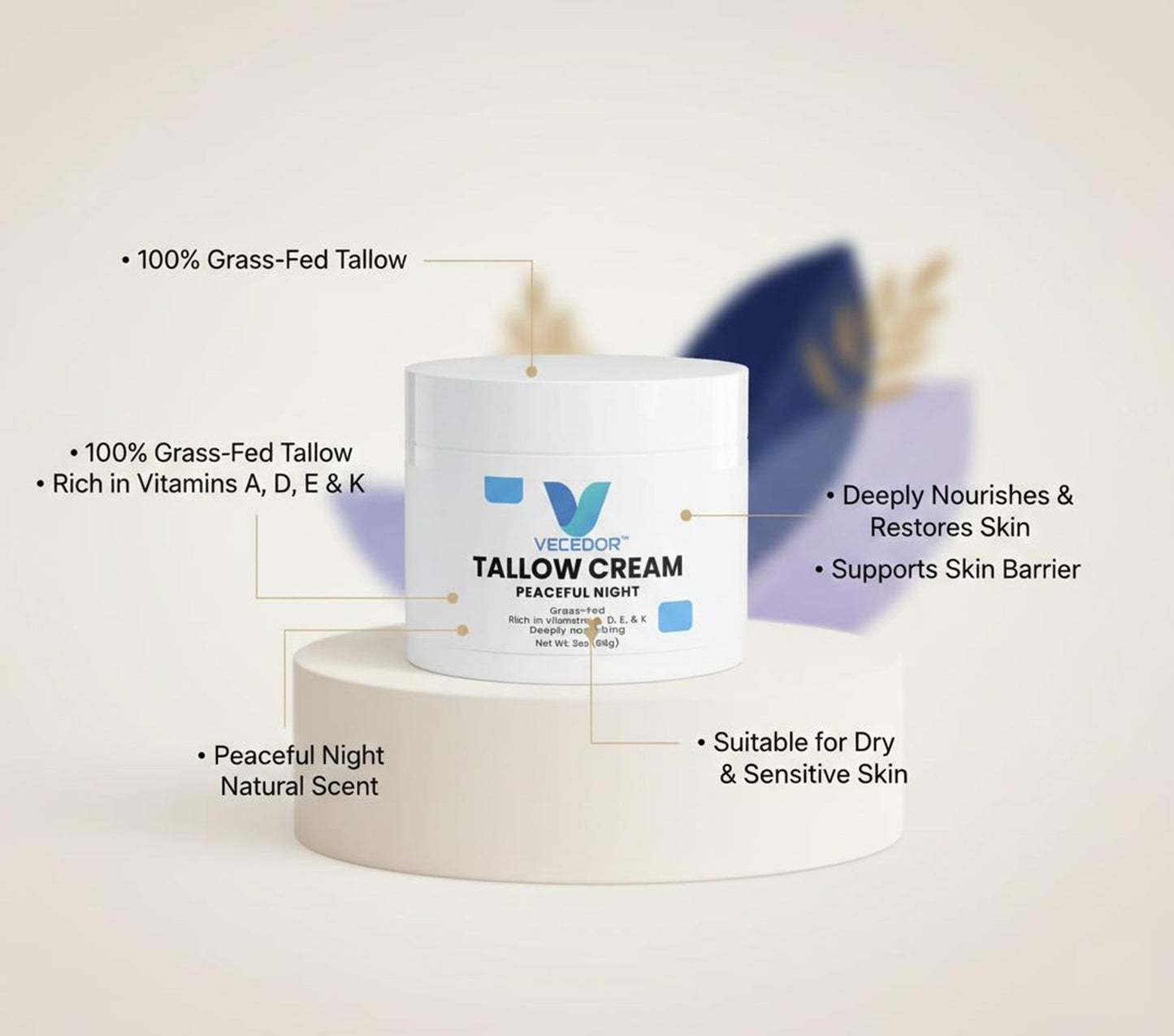 VECEDOR Tallow Cream Peaceful Night – Nourishing Night Cream for Dry & Sensitive Skin – Natural Moisturizing & Skin Repair, 2oz VECEDOR