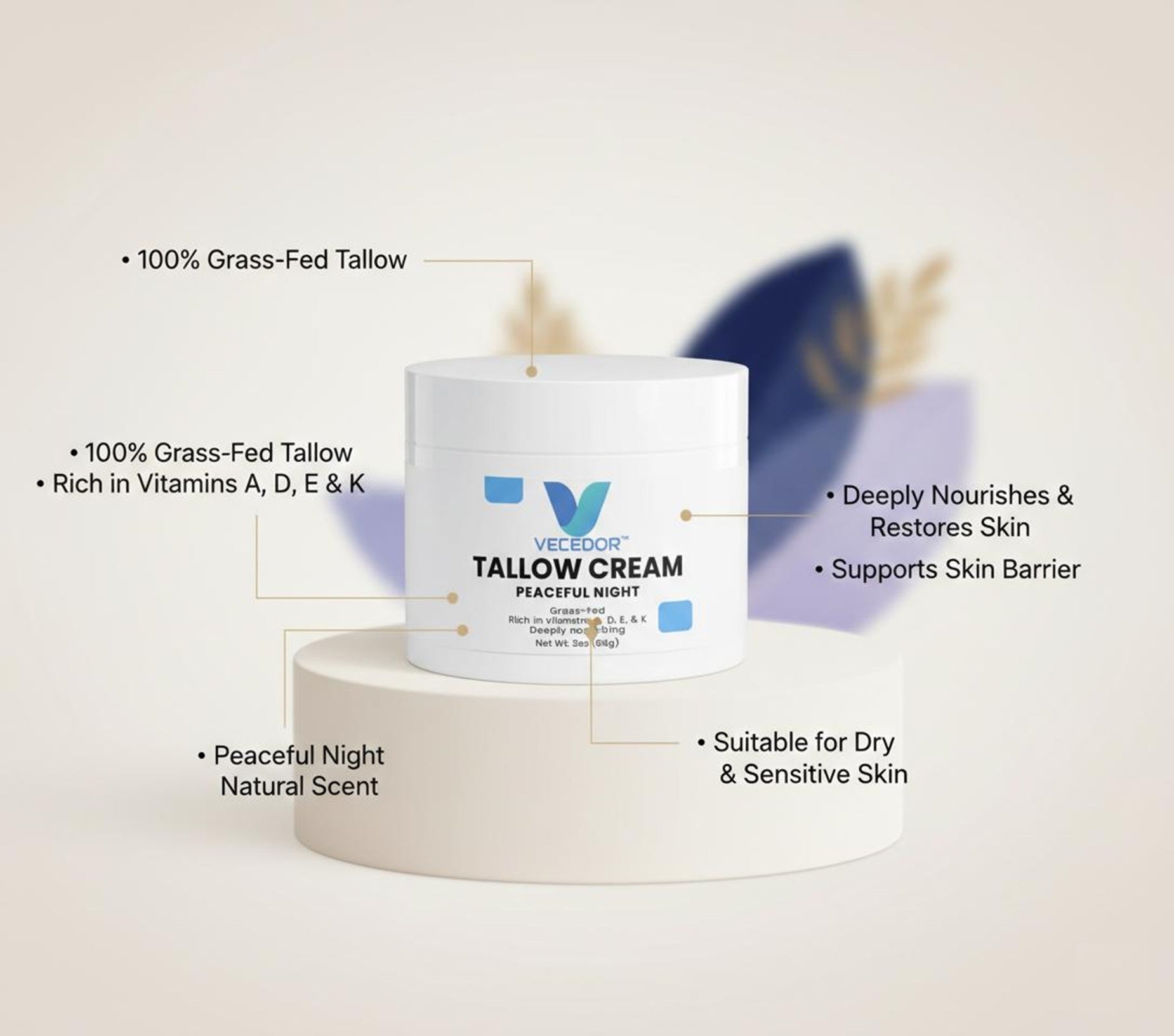 VECEDOR Tallow Cream Peaceful Night – Nourishing Night Cream for Dry & Sensitive Skin – Natural Moisturizing & Skin Repair, 2oz VECEDOR