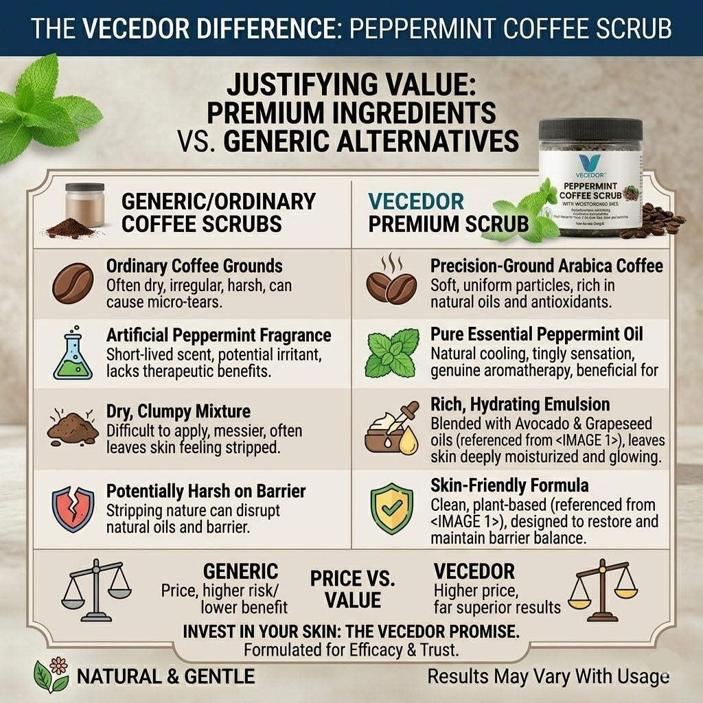 VECEDOR Peppermint Coffee Scrub – Exfoliating Body & Face Scrub for Smooth, Glowing Skin – Natural Moisturizing & Cellulite Care, 4oz