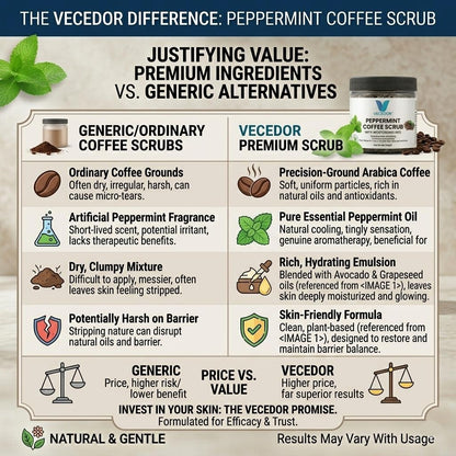 VECEDOR Peppermint Coffee Scrub – Exfoliating Body & Face Scrub for Smooth, Glowing Skin – Natural Moisturizing & Cellulite Care, 4oz