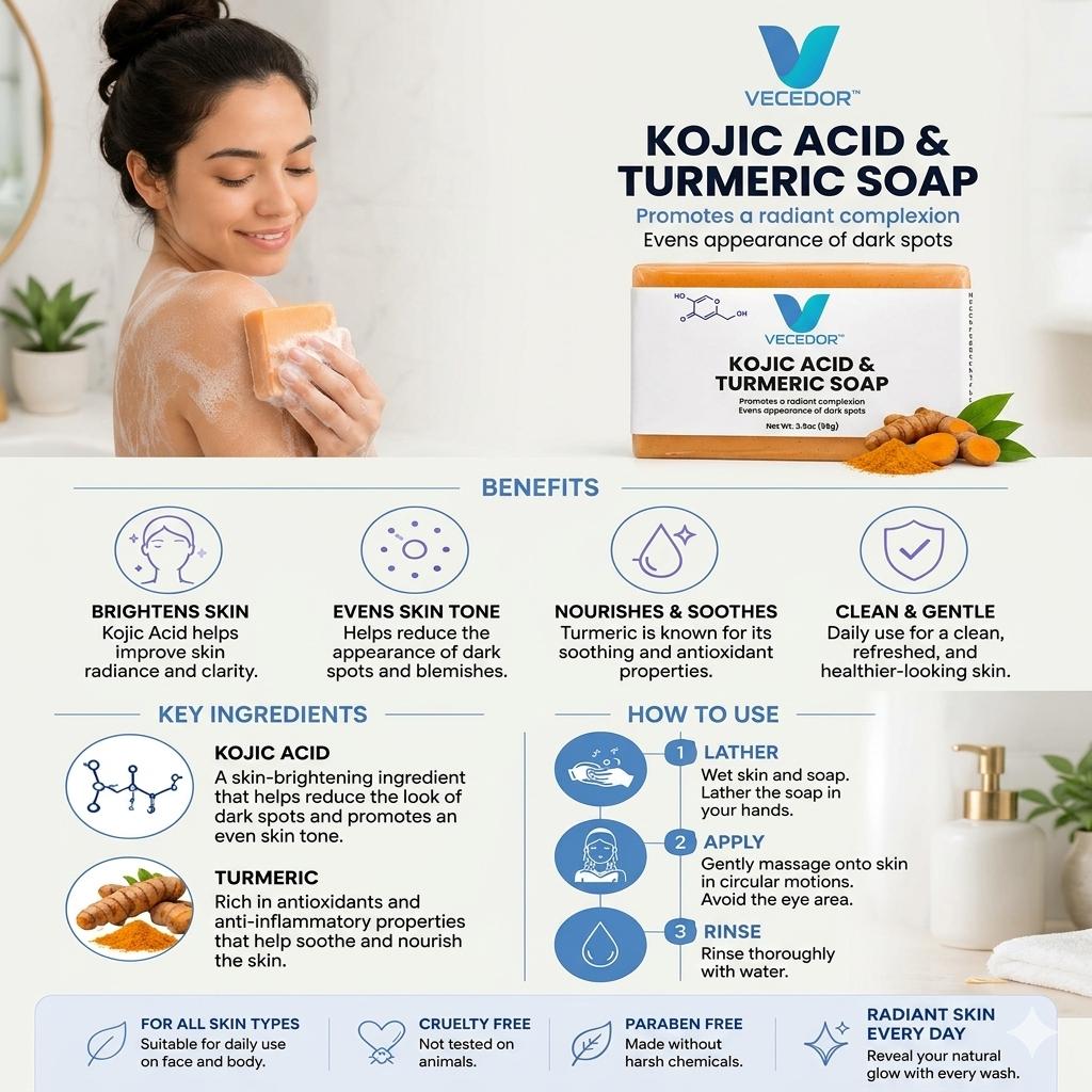 VECEDOR Kojic Acid & Turmeric Soap – Brightening & Dark Spot Remover Bar for Glowing Skin, 4oz