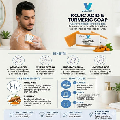 VECEDOR Kojic Acid & Turmeric Soap – Brightening & Dark Spot Remover Bar for Glowing Skin, 4oz