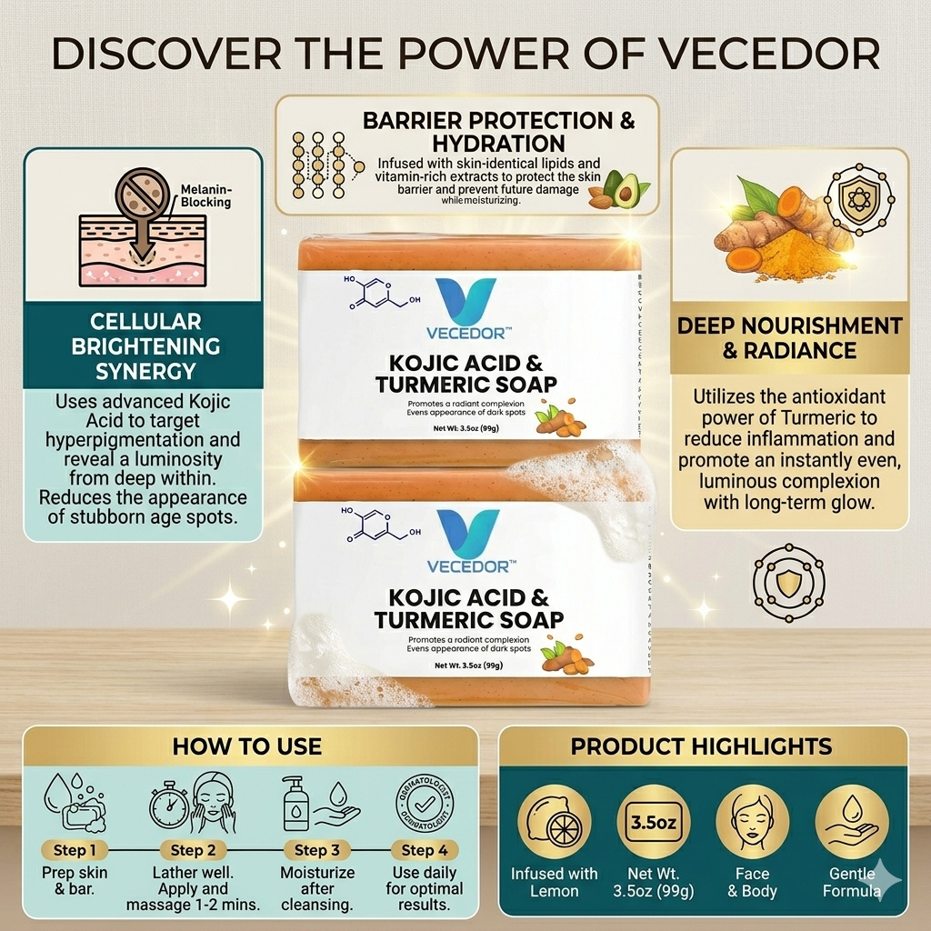 VECEDOR Kojic Acid & Turmeric Soap – Brightening & Dark Spot Remover Bar for Glowing Skin, 4oz