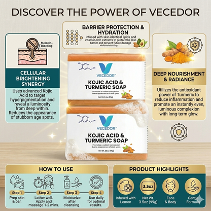 VECEDOR Kojic Acid & Turmeric Soap – Brightening & Dark Spot Remover Bar for Glowing Skin, 4oz