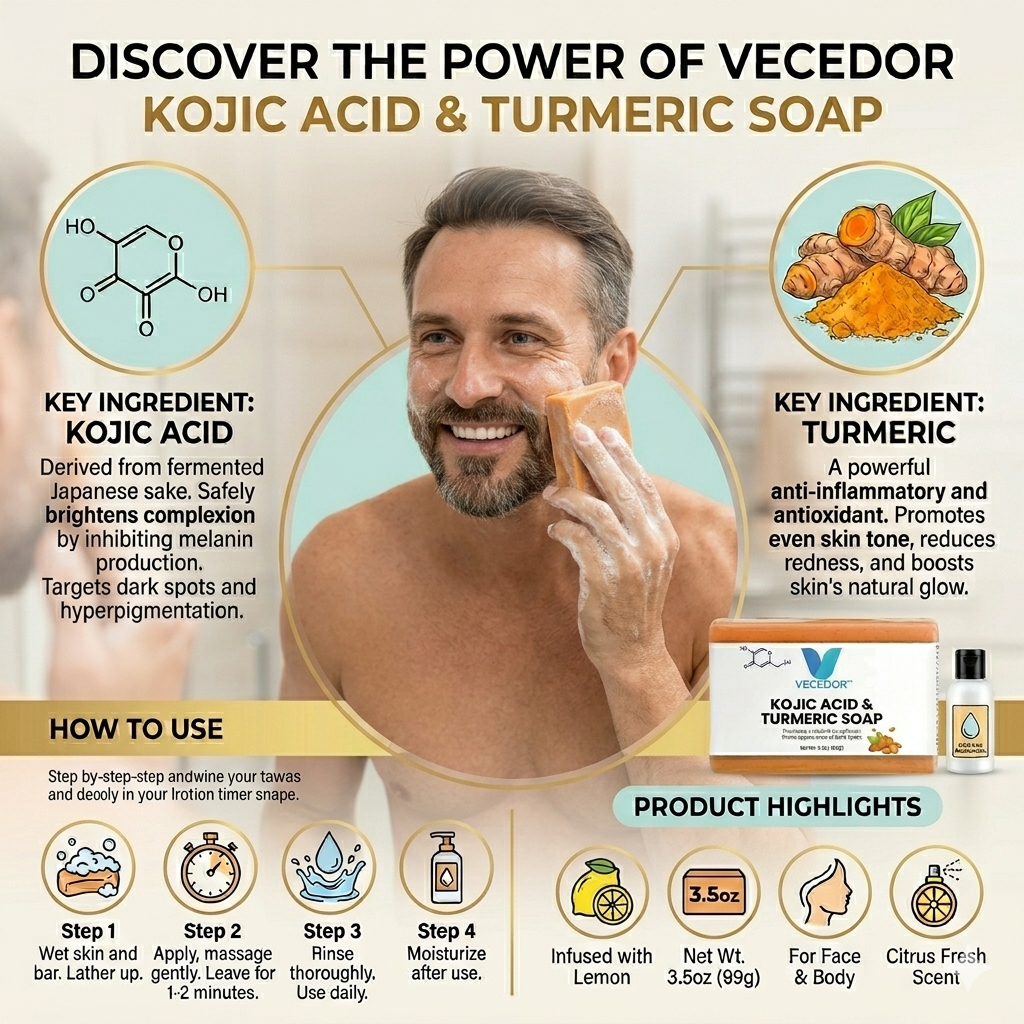 VECEDOR Kojic Acid & Turmeric Soap – Brightening & Dark Spot Remover Bar for Glowing Skin, 4oz