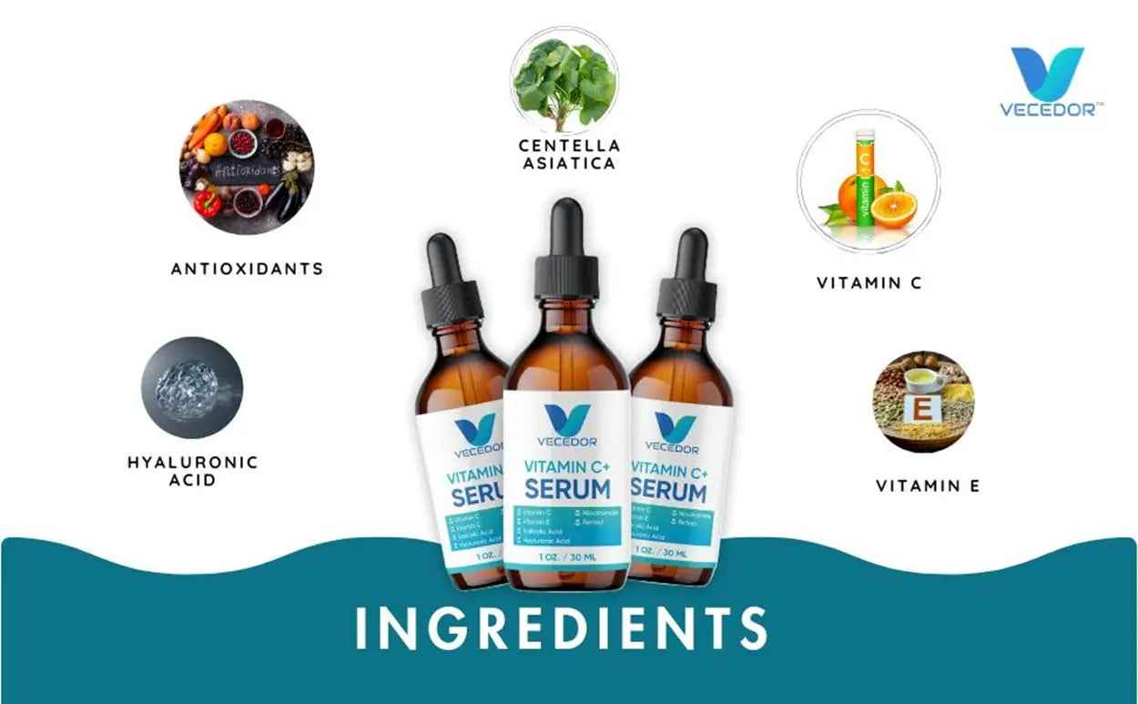 VECEDOR Organic Vitamin C Serum with Hyaluronic Acid and Centella Asiatica for Hydrated Skin and Wrinkle Reduction 1 fl oz
