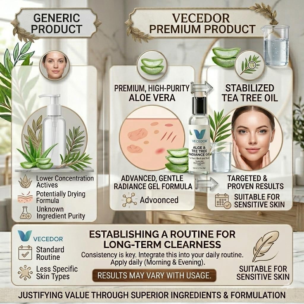 VECEDOR Aloe & Tea Tree Radiance Gel – Soothing Face Gel for Acne-Prone & Sensitive Skin – Hydrating, Brightening & Anti-Inflammatory, 2oz