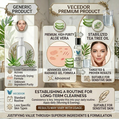 VECEDOR Aloe & Tea Tree Radiance Gel – Soothing Face Gel for Acne-Prone & Sensitive Skin – Hydrating, Brightening & Anti-Inflammatory, 2oz