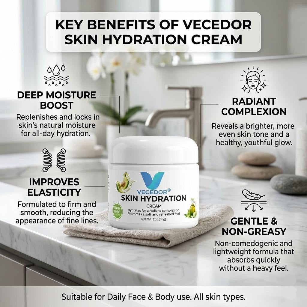 VECEDOR Skin Hydration Cream – Daily Face & Body Moisturizer with Hyaluronic Acid for Dry & Sensitive Skin, 2oz