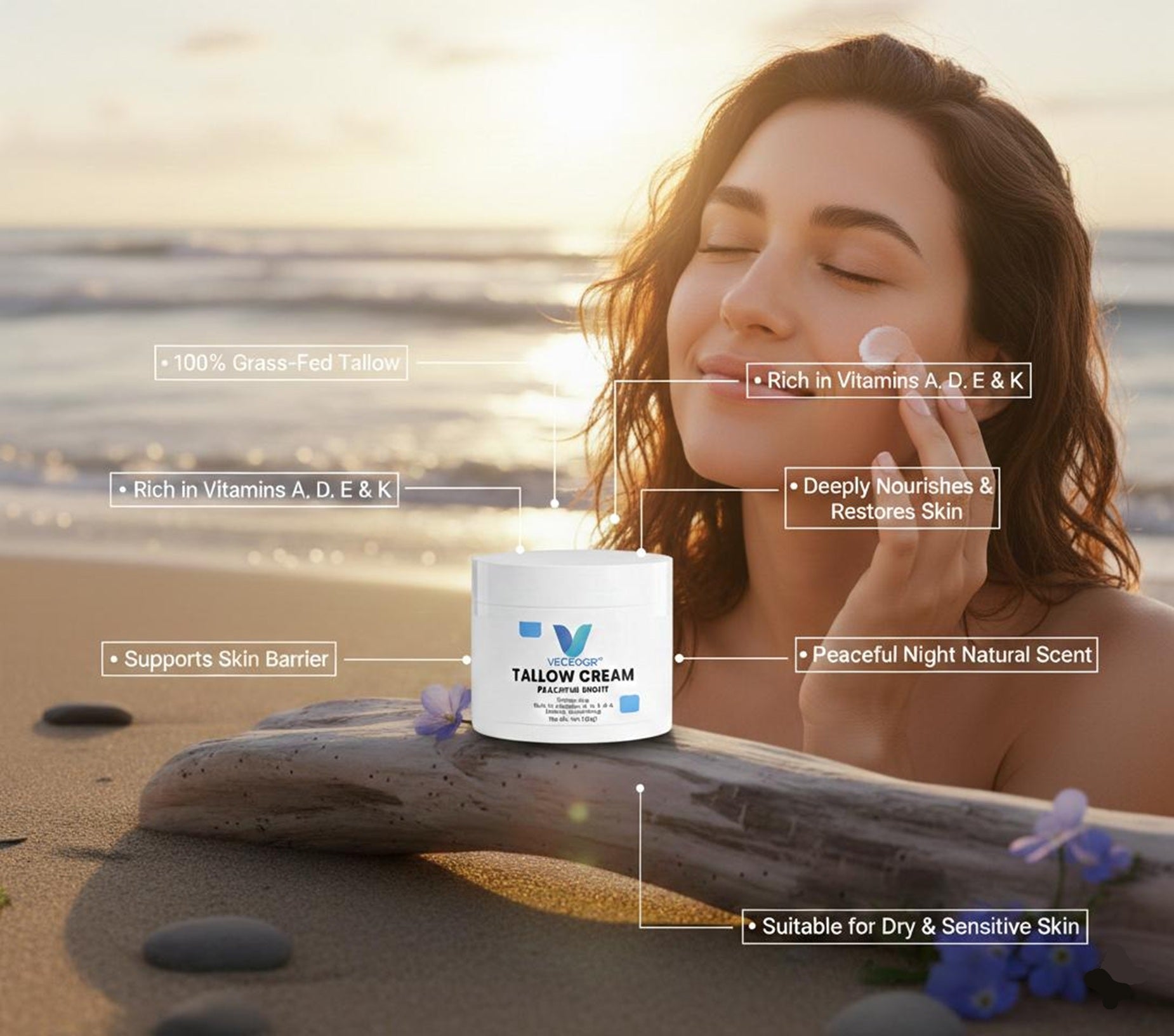 VECEDOR Tallow Cream Peaceful Night – Nourishing Night Cream for Dry & Sensitive Skin – Natural Moisturizing & Skin Repair, 2oz VECEDOR